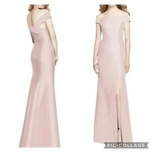 Alfred Sung Gown Size 0 Cameo Pink NWT Off Shoulder Cross Back Satin Prom D751